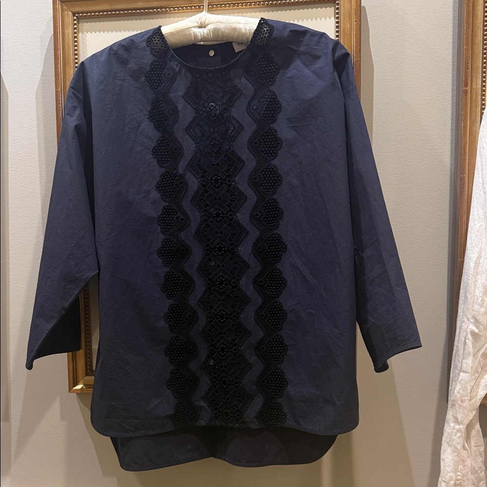Sandro Midnight Blue Blouse with Black Embroidery